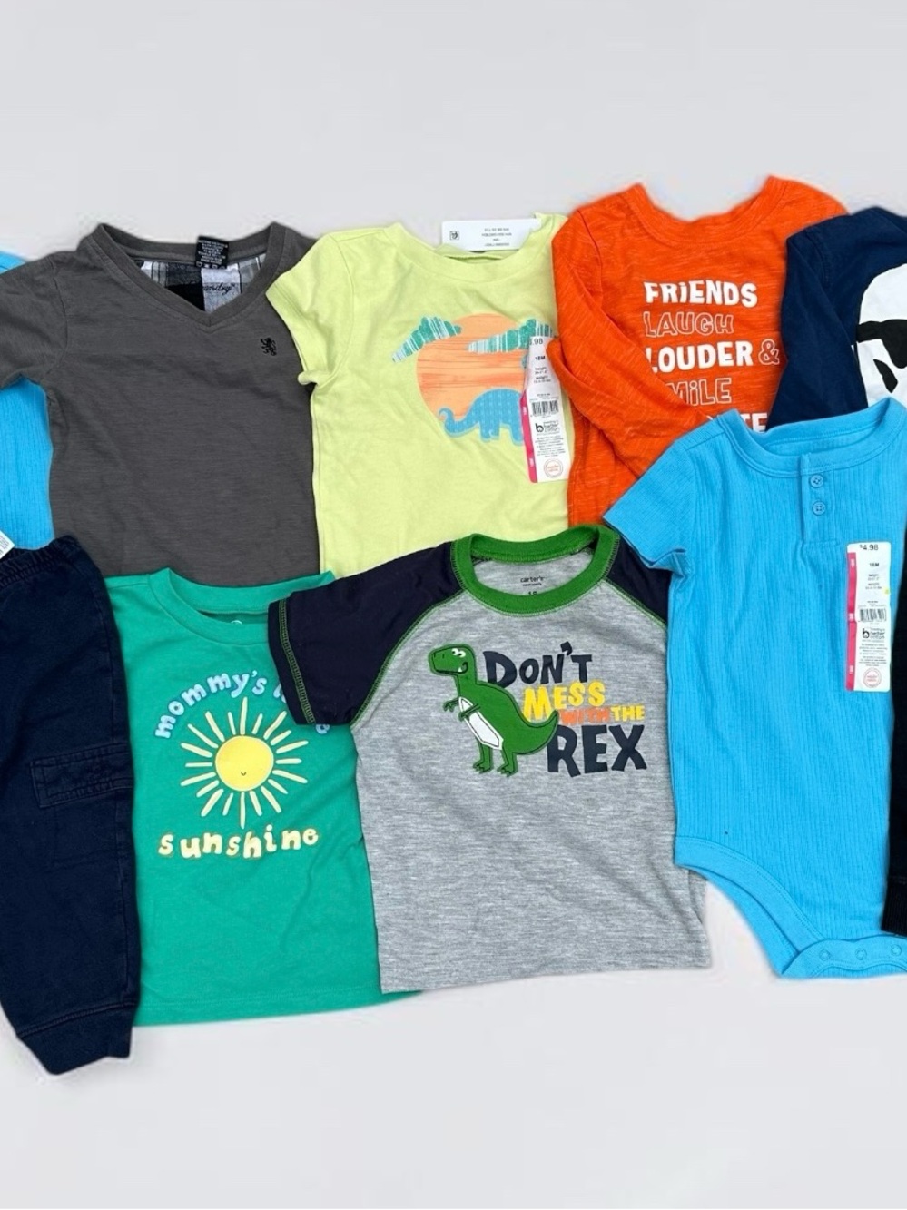 Baby/Toddler Graphic Tee & Onesie Lot - Bright Blue, Green, Gray, Orange